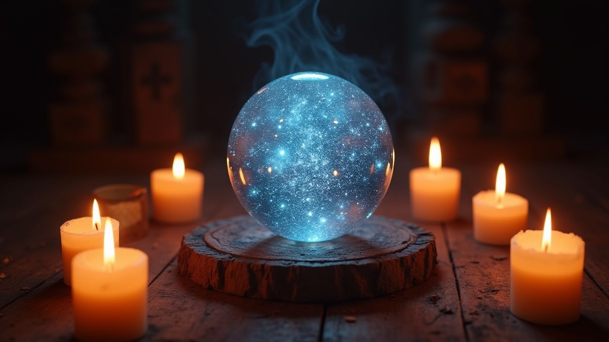 A shining magical orb on an altar surrounded by candles.