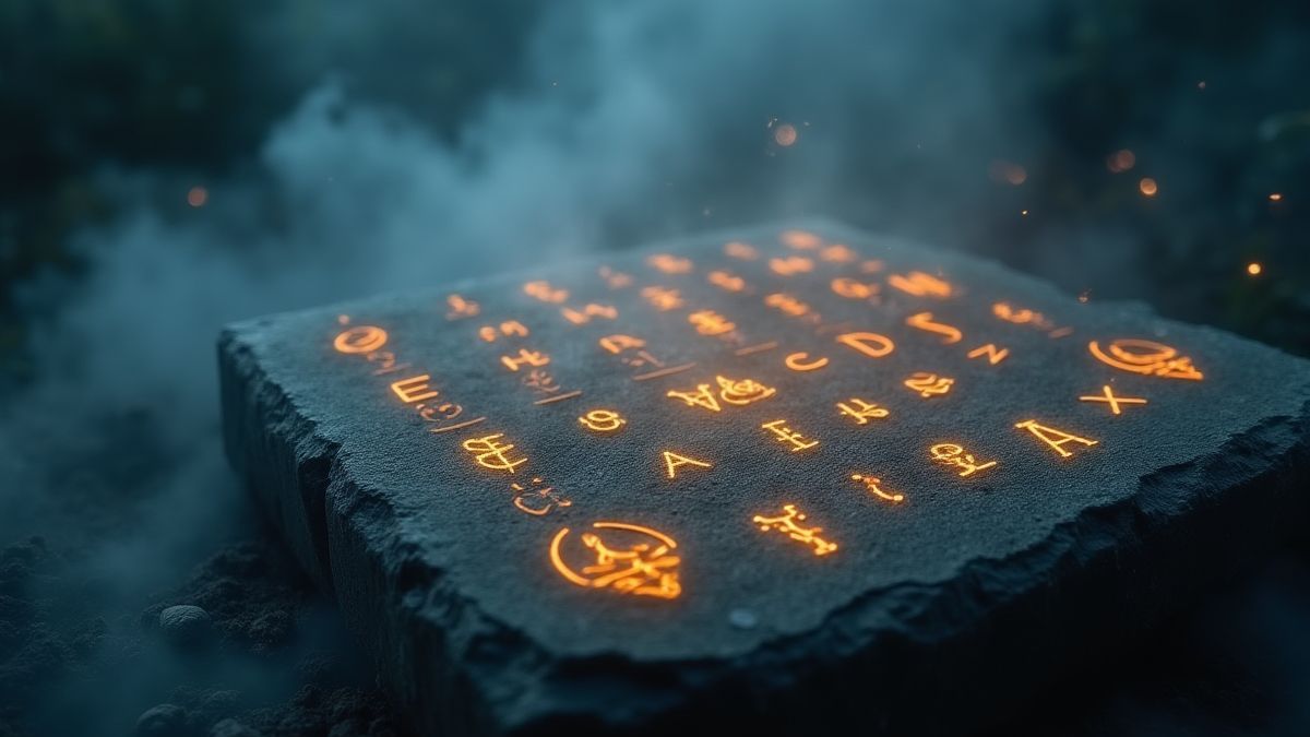 Runas brillantes en una tableta de piedra con niebla mágica.