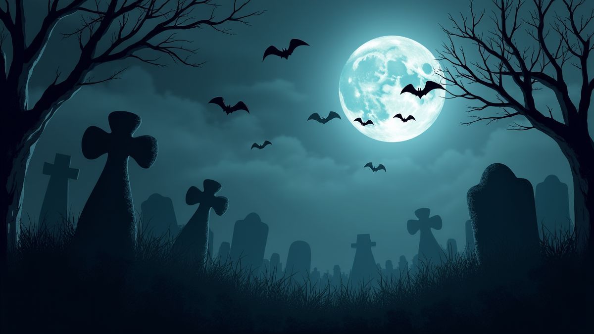 Un cementerio gótico con lápidas y una luna llena.