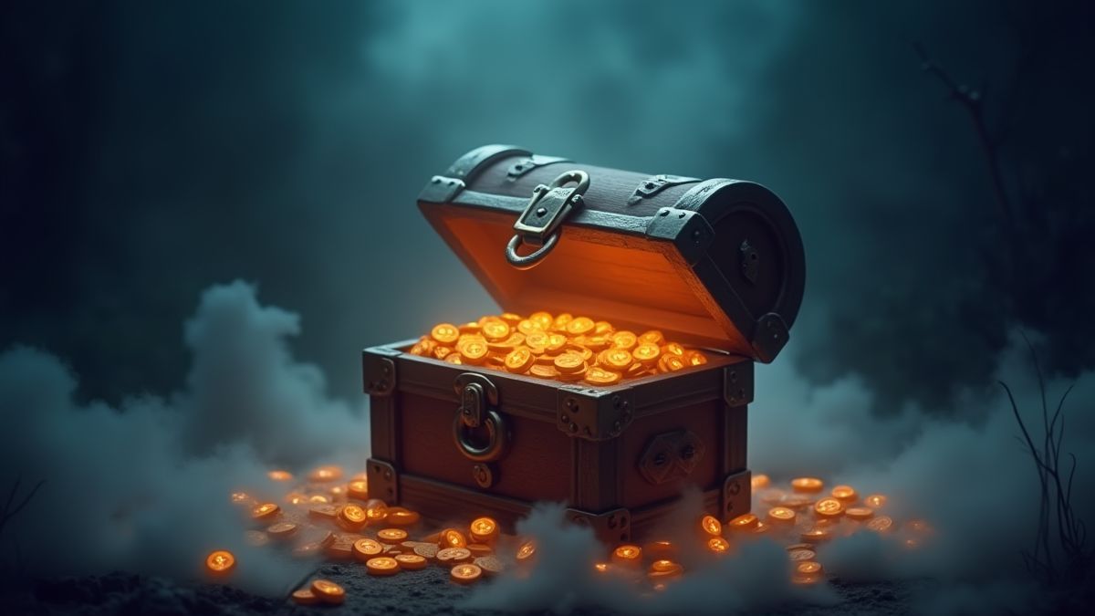 Un cofre del tesoro con niebla y monedas brillantes.