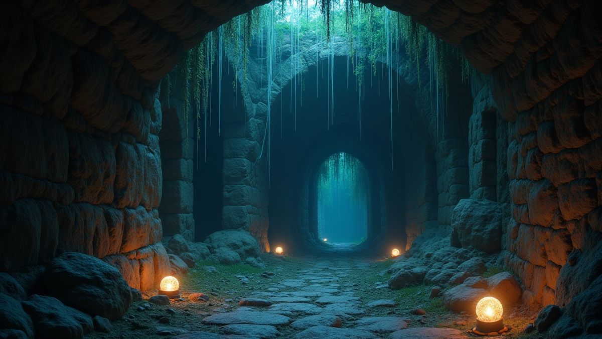 Una tumba antigua con gemas brillantes y telarañas.