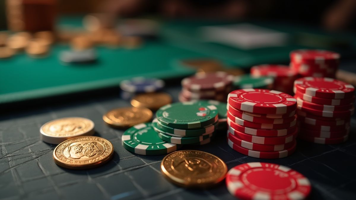 Fichas de casino y monedas sobre una mesa.