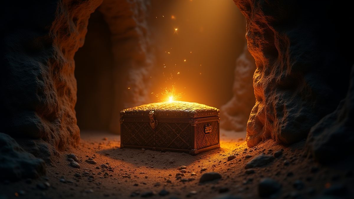 Un cofre del tesoro rodeado de luz brillante en una tumba.