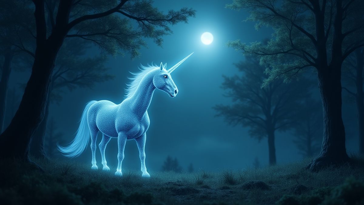 Unicornio luminoso en un bosque místico bajo la luz de la luna