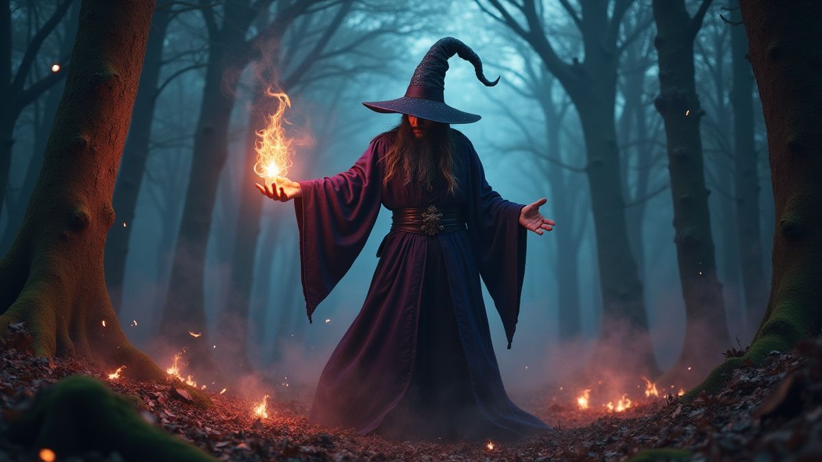 Hechicero místico lanzando hechizos en un bosque brillante