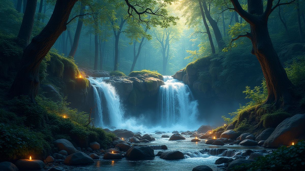 Escena de bosque brillante con cascadas mágicas y efectos de luz