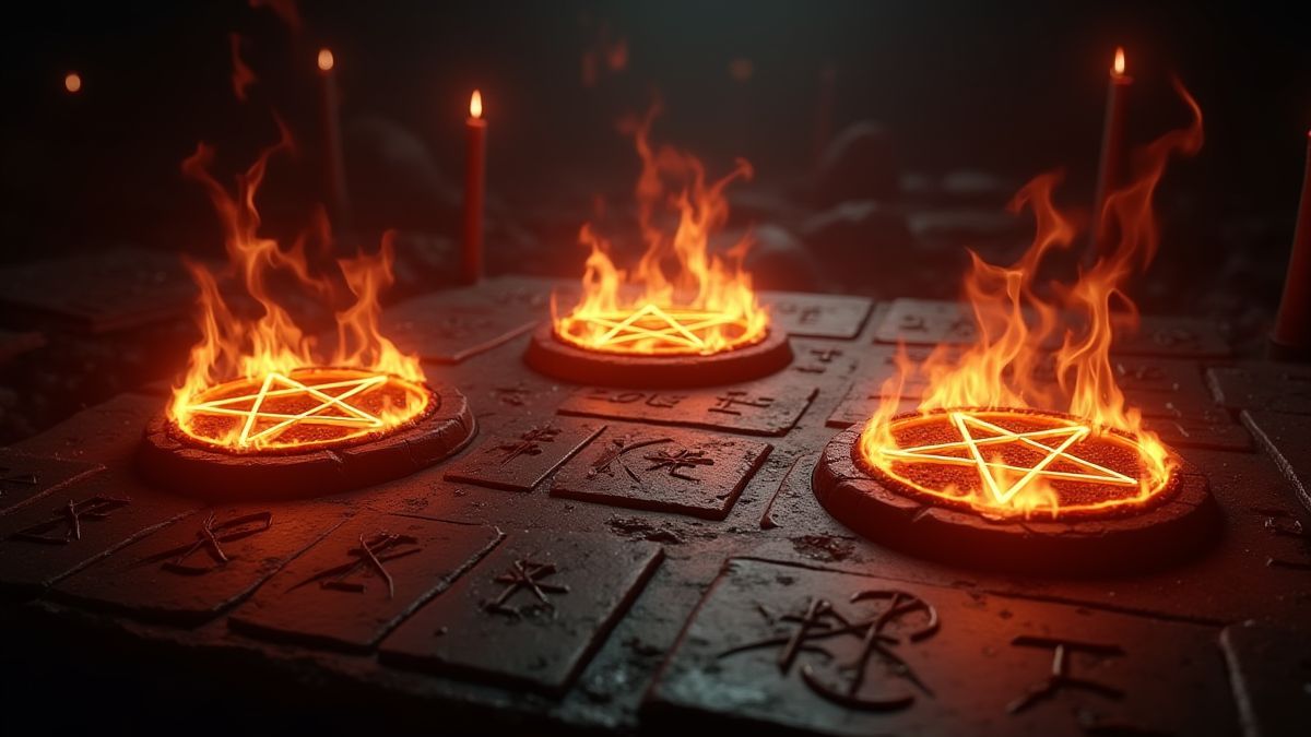 Pentagramas ardentes rodeados de runas em um altar escuro.