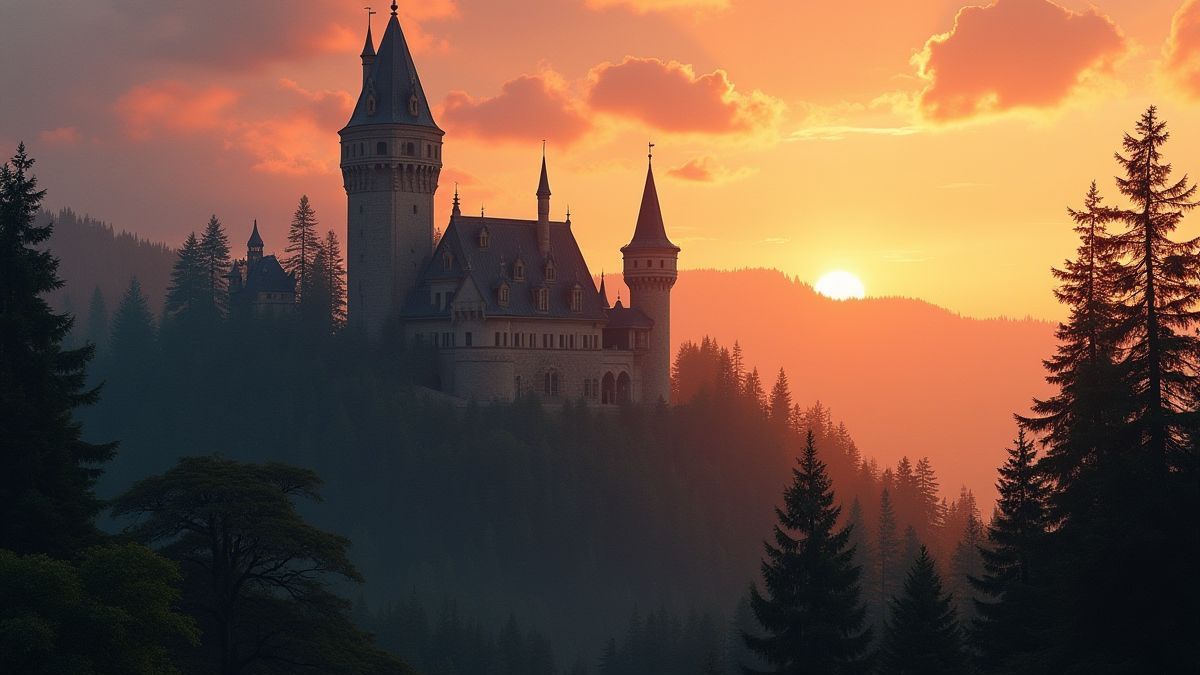 Middeleeuws kasteel omgeven door bossen en een zonsondergang.