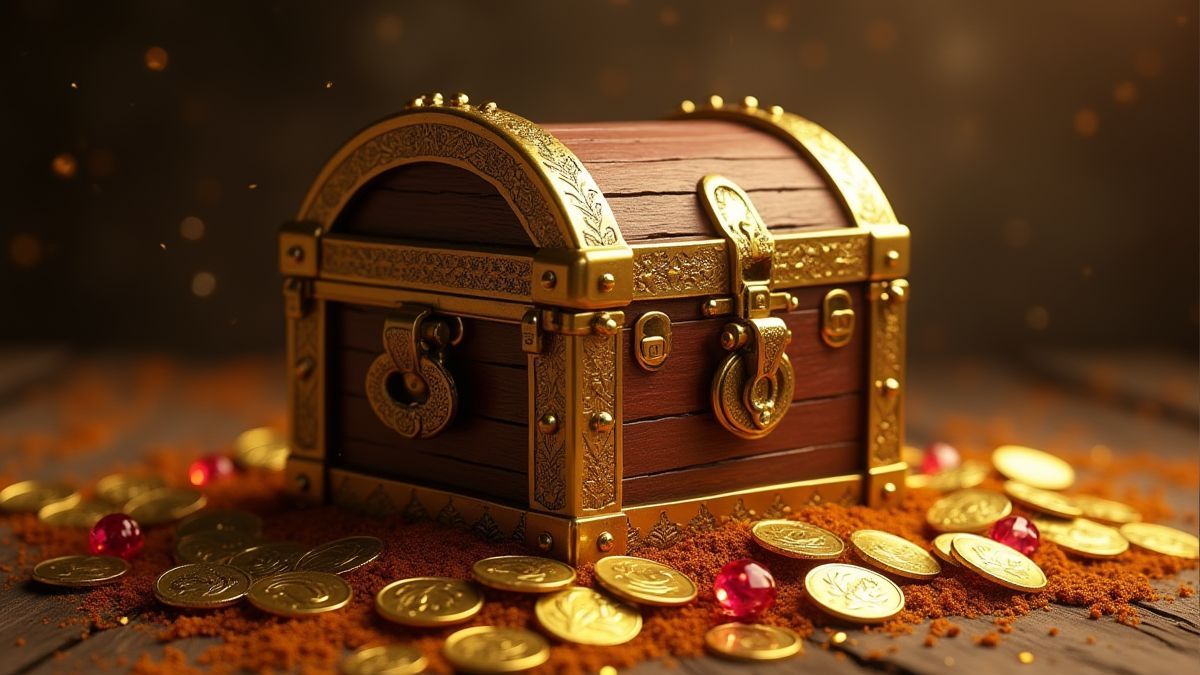 Schatkist omgeven door gouden munten en juwelen.