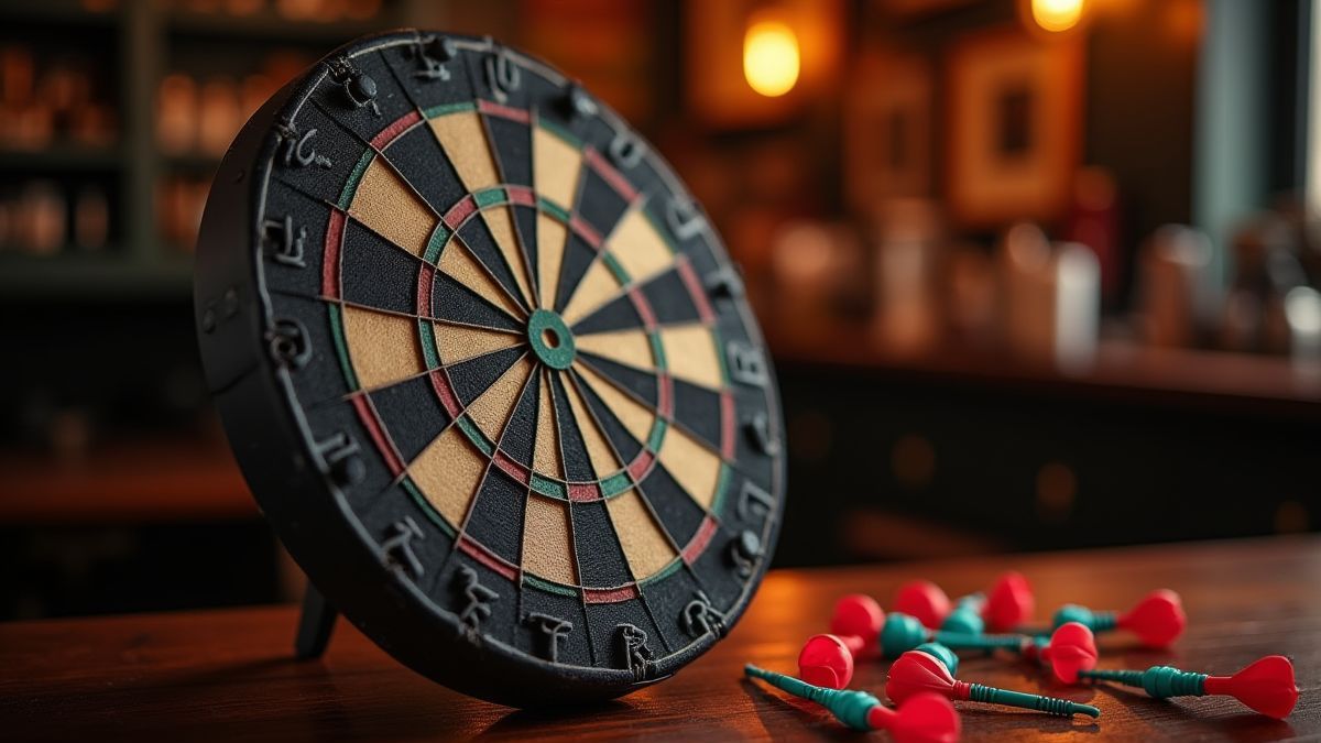 Dartboard surrounded by colorful darts in a pub.