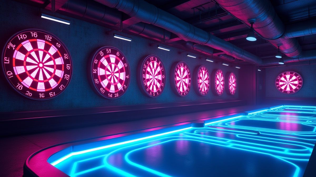 Arena de dardos futurista con luces de neón y tableros brillantes.
