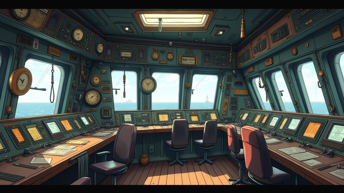 Sala de control de un submarino con palancas y pantallas.