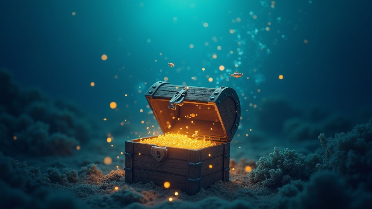 Cofre del tesoro submarino rodeado de peces y burbujas.