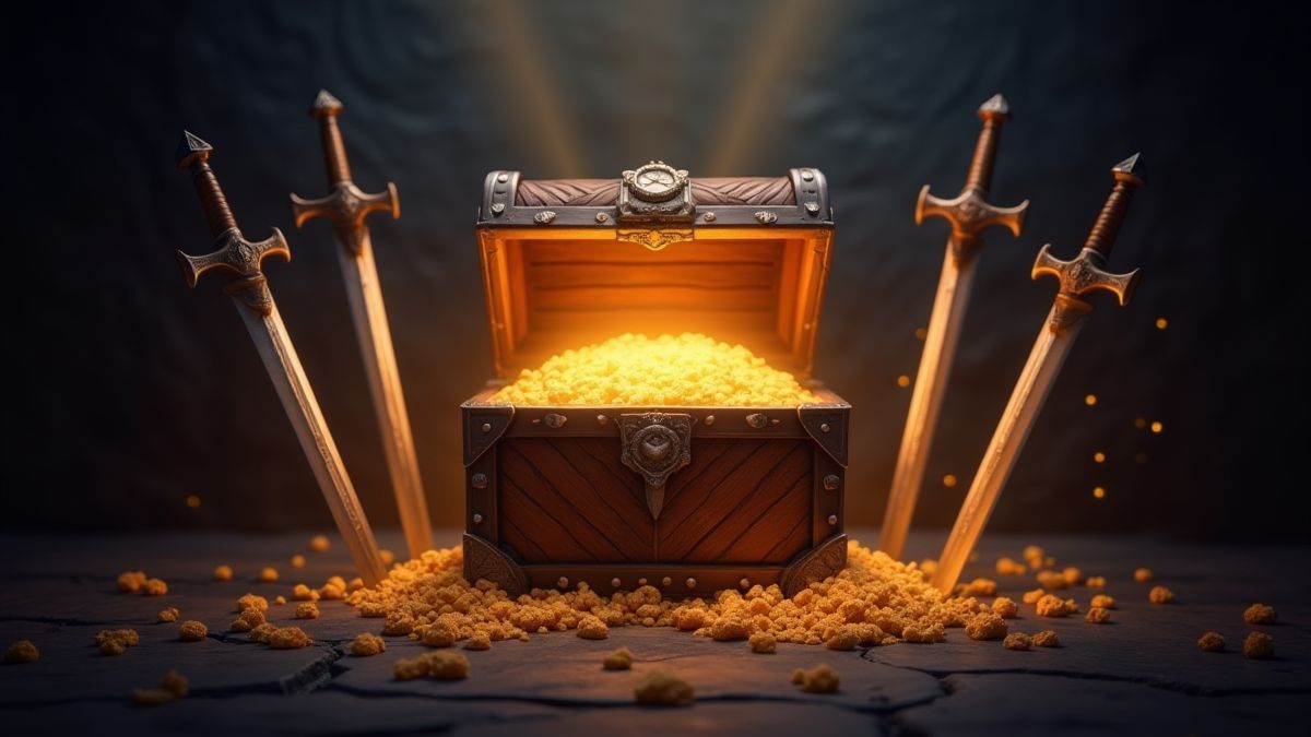 Un cofre del tesoro rodeado de espadas y escudos medievales.