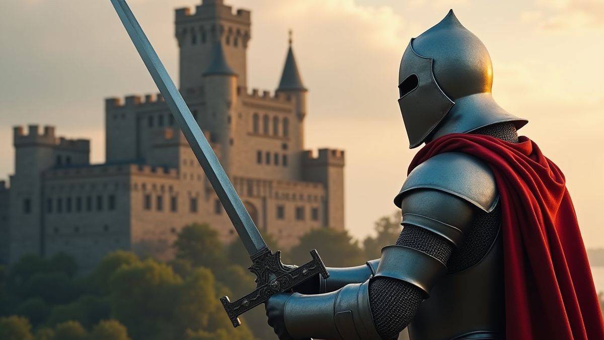 Un caballero con una espada brillante frente a un castillo medieval.