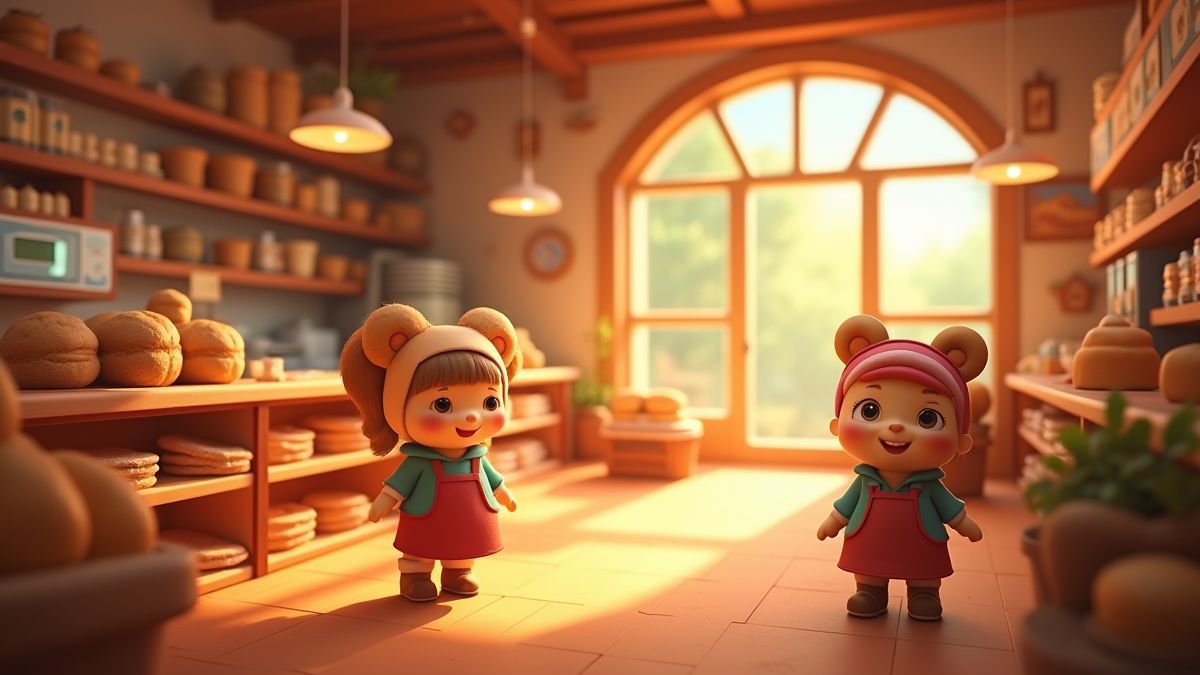 Interior animado de una panadería con personajes de pan.