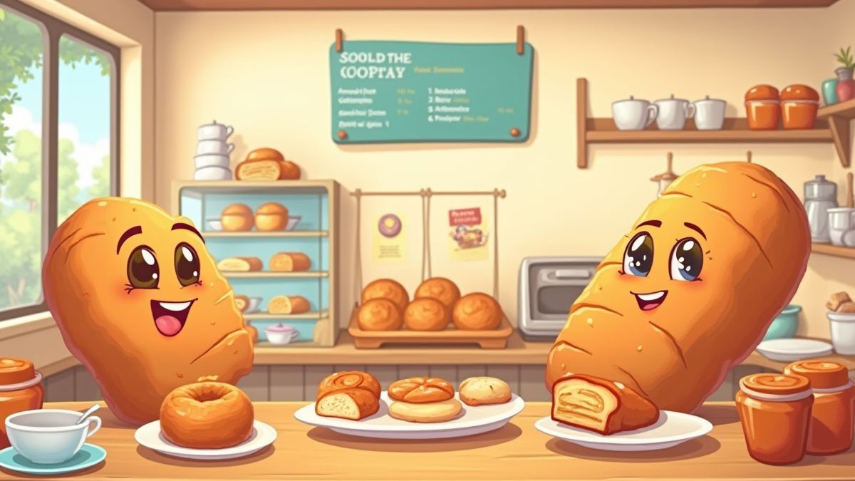 Mostrador animado con panes y pasteles sonrientes.