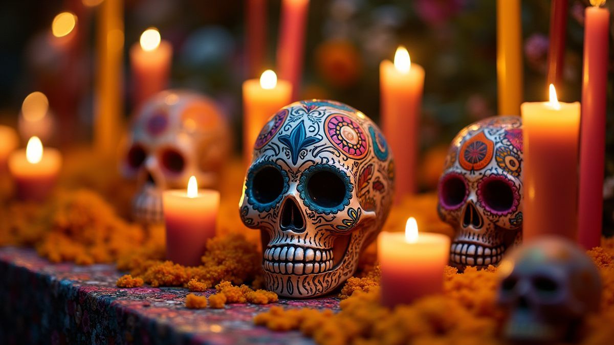 Un altar del Día de los Muertos con flores y calaveras de azúcar