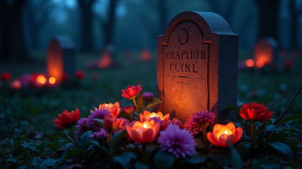 Lápida brillante rodeada de flores en un cementerio colorido