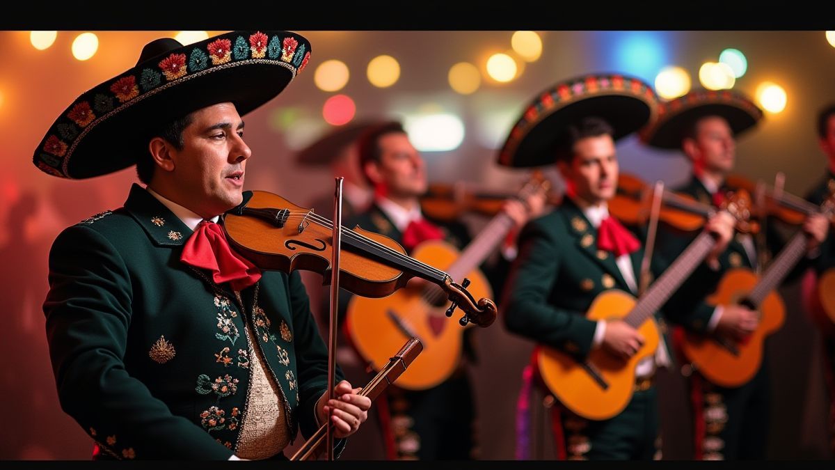 Banda de mariachis tocando en un escenario festivo