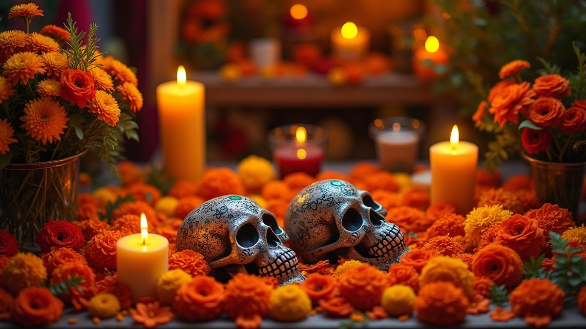 Altar del Día de Muertos con flores y calaveras de azúcar.