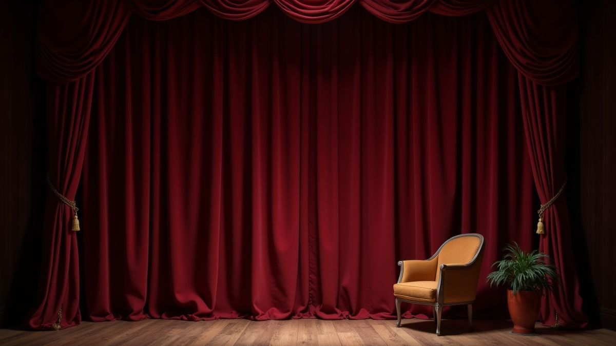 Escenario teatral elegante con cortinas rojas y accesorios clásicos.