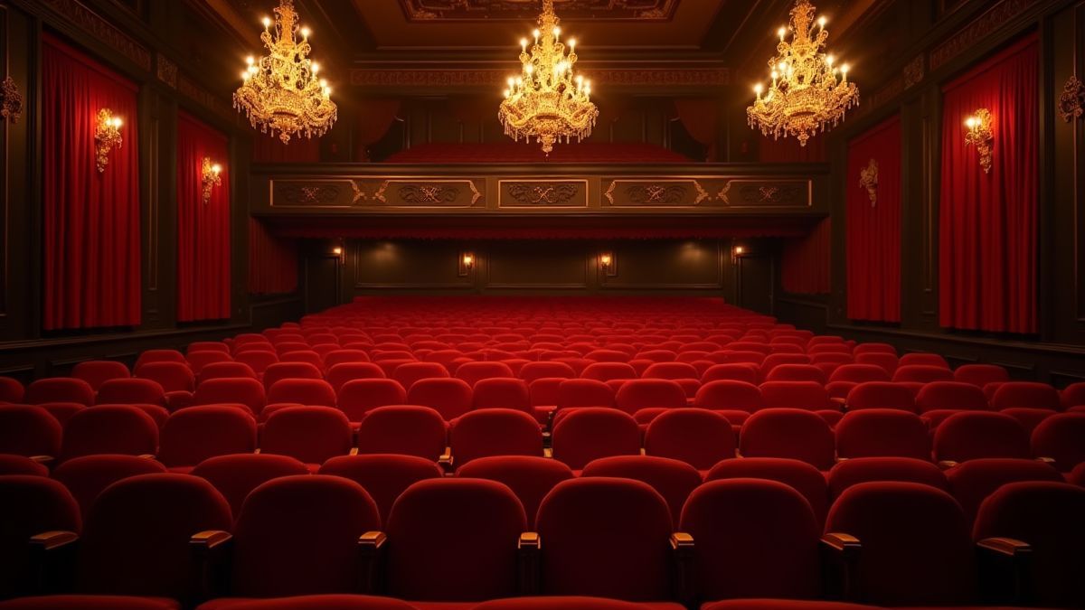 Interior de un teatro lujoso con asientos de terciopelo y candelabros dorados.