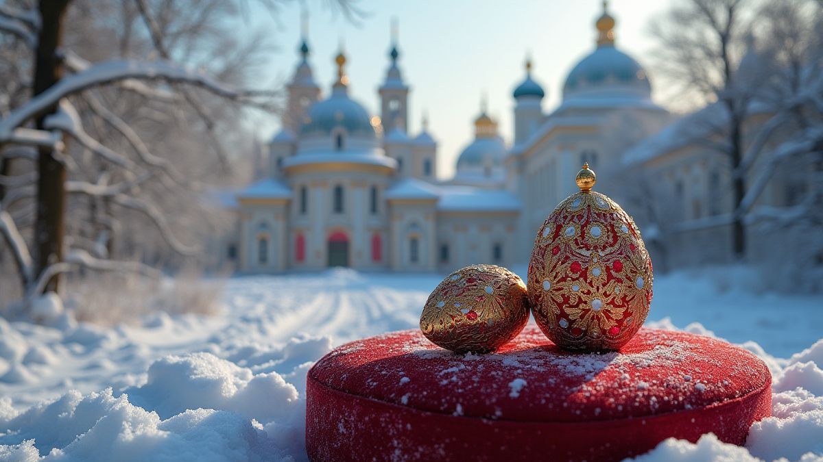 Palácio de inverno coberto de neve com ovos Fabergé em detalhe.