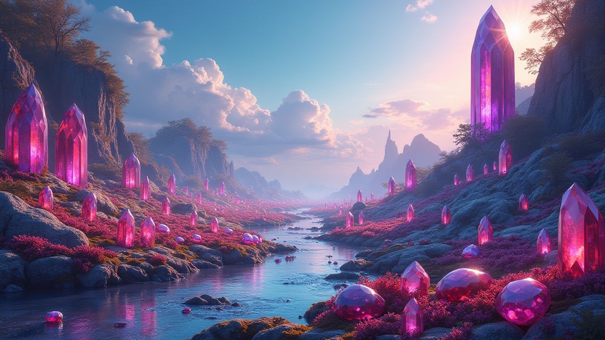 Un paisaje lleno de gemas brillantes y cascadas de joyas.