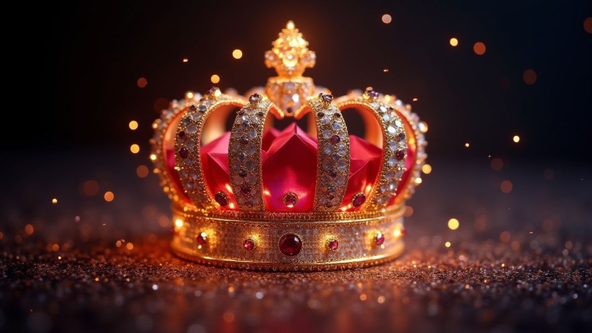 Una corona incrustada de joyas brillantes rodeada de destellos.