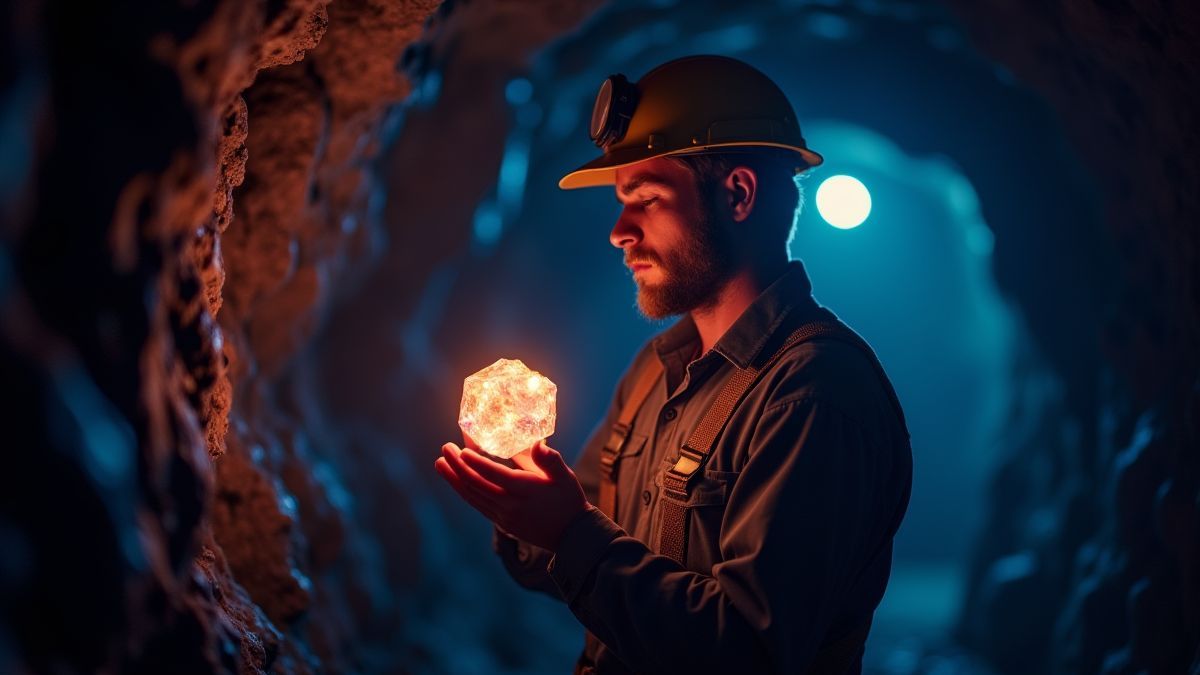 Ein Miner, der einen strahlenden Edelstein in einer dunklen Mine hält, die von sanften, bunten Lichtern beleuchtet wird.