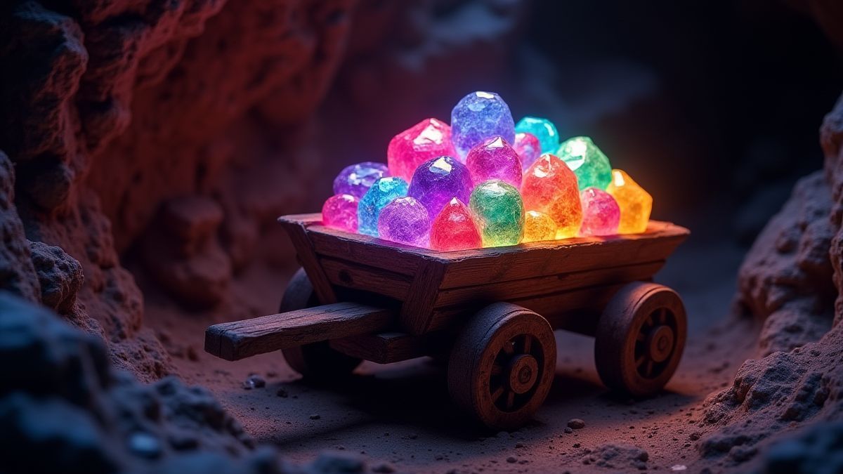 Ein Bergbauwagen voller funkelnder Edelsteine in einer dunklen Höhle.