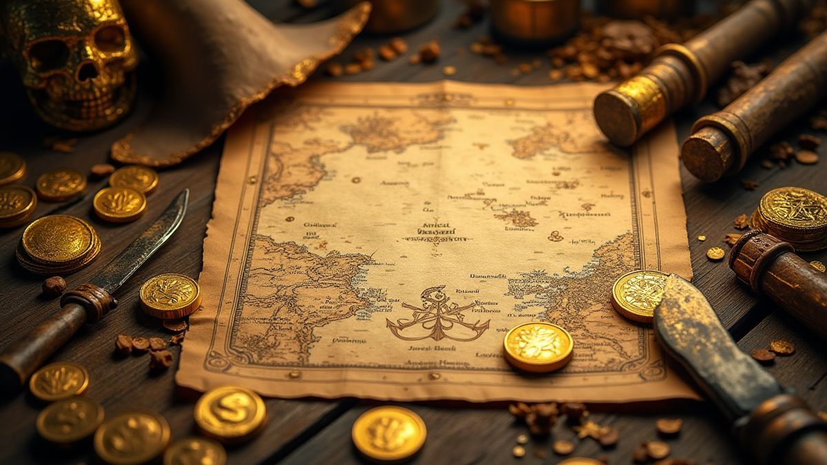 Un mapa del tesoro rodeado de monedas de oro y artefactos piratas.