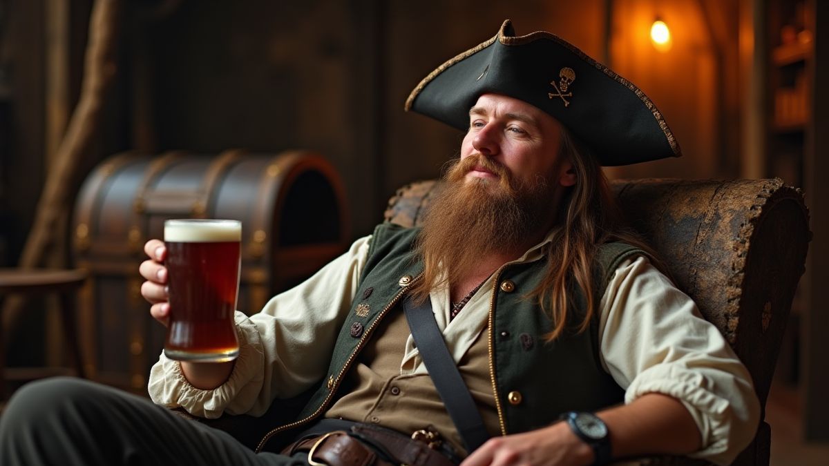 Un pirata relajándose con una jarra de cerveza frente a un cofre del tesoro.