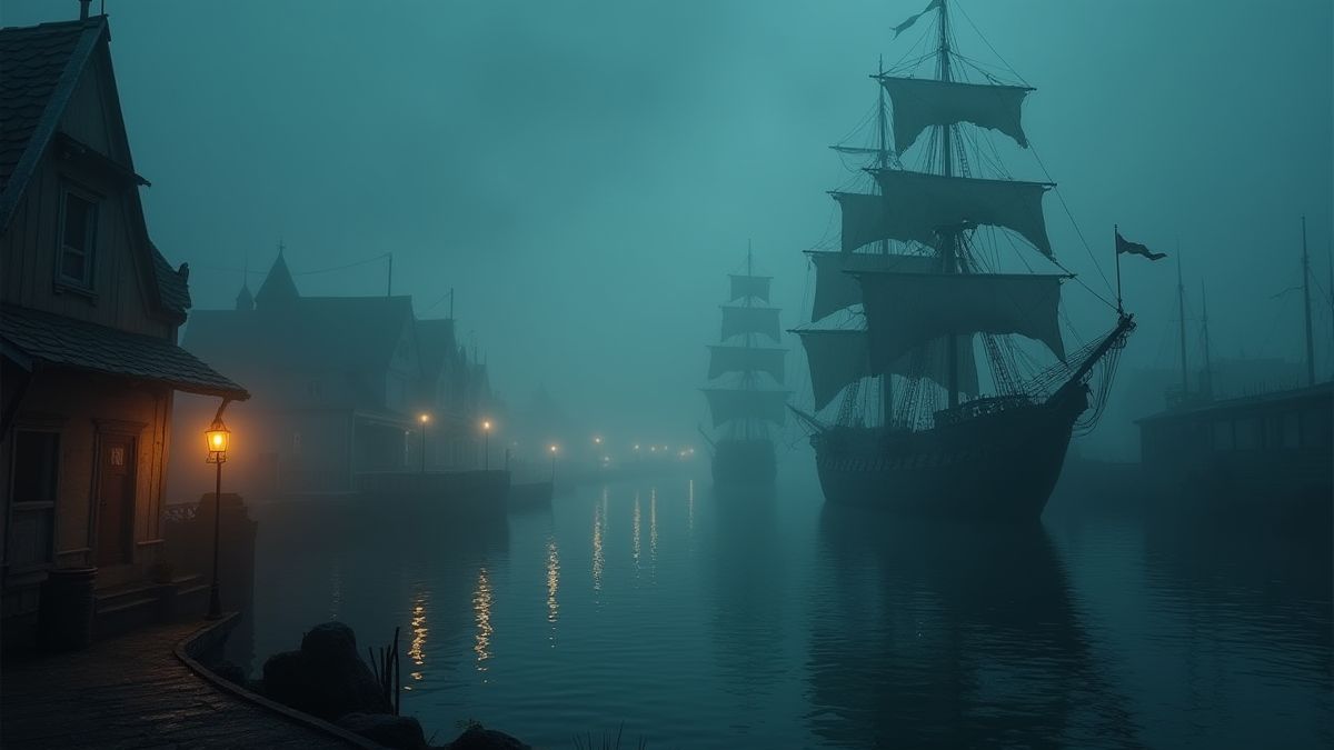 Um porto pirata envolto em névoa com barcos ancorados e lanternas tremeluzentes.