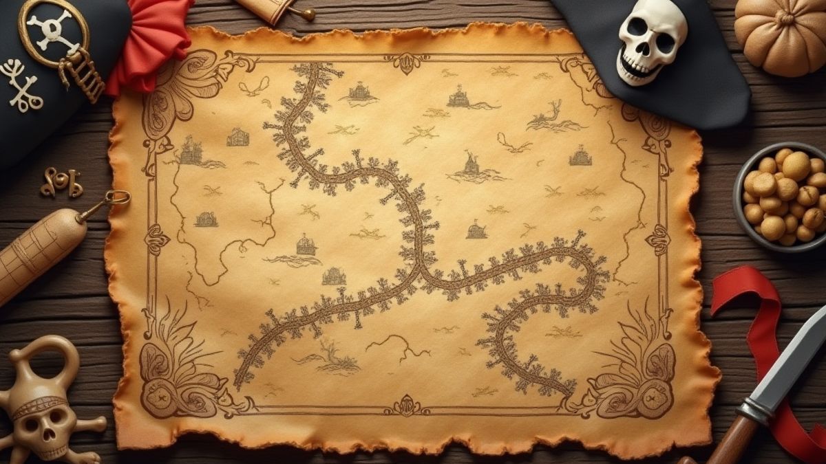 Um mapa do tesouro com caminhos marcados e elementos piratas.