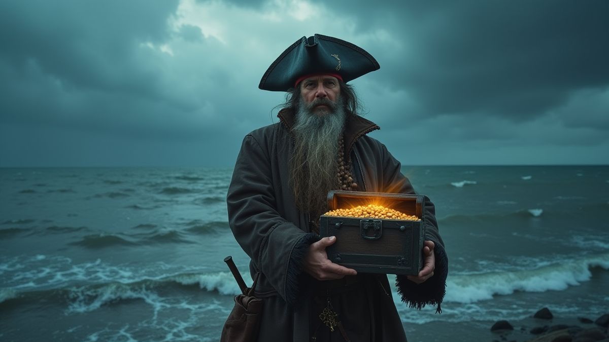 Um pirata segurando um baú de tesouro em meio a um mar tempestuoso.