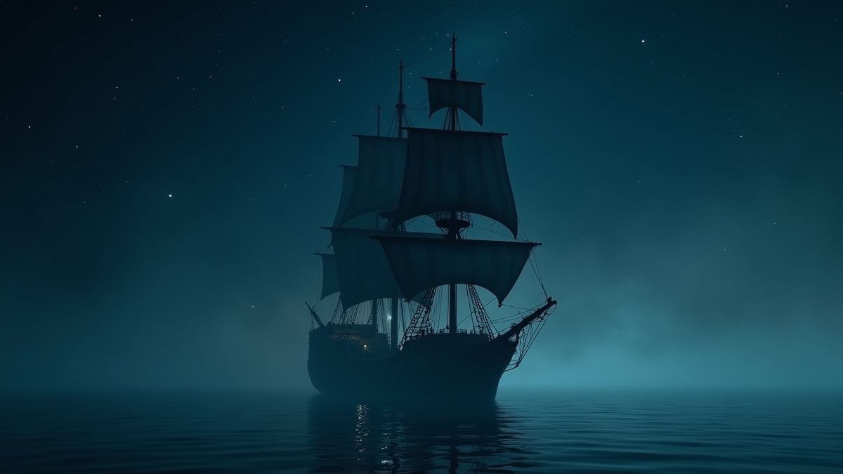 Un barco pirata oscuro navegando por aguas brumosas bajo un cielo estrellado.