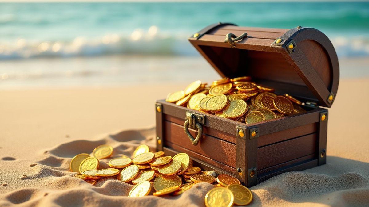 Un cofre del tesoro lleno de monedas de oro en una playa.