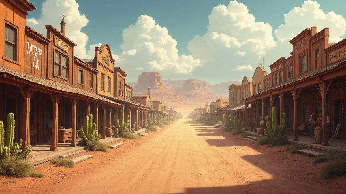 A dusty Wild West town with wooden saloons and a desert landscape filled with cacti.