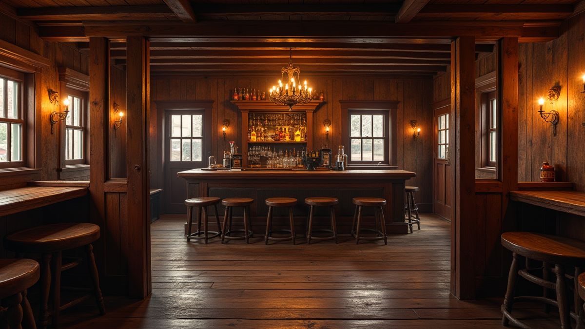 An interior of a saloon in the Wild West with wooden tables and whiskey bottles on the counter.