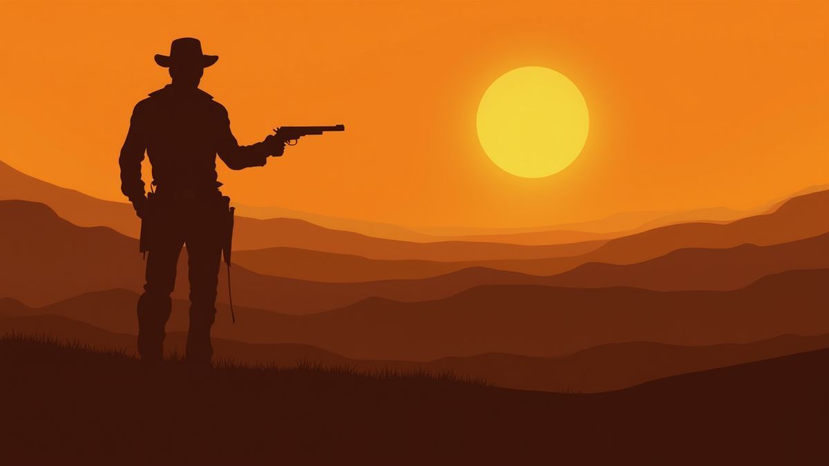 A cowboy holding a revolver with a sunset background in the desert.