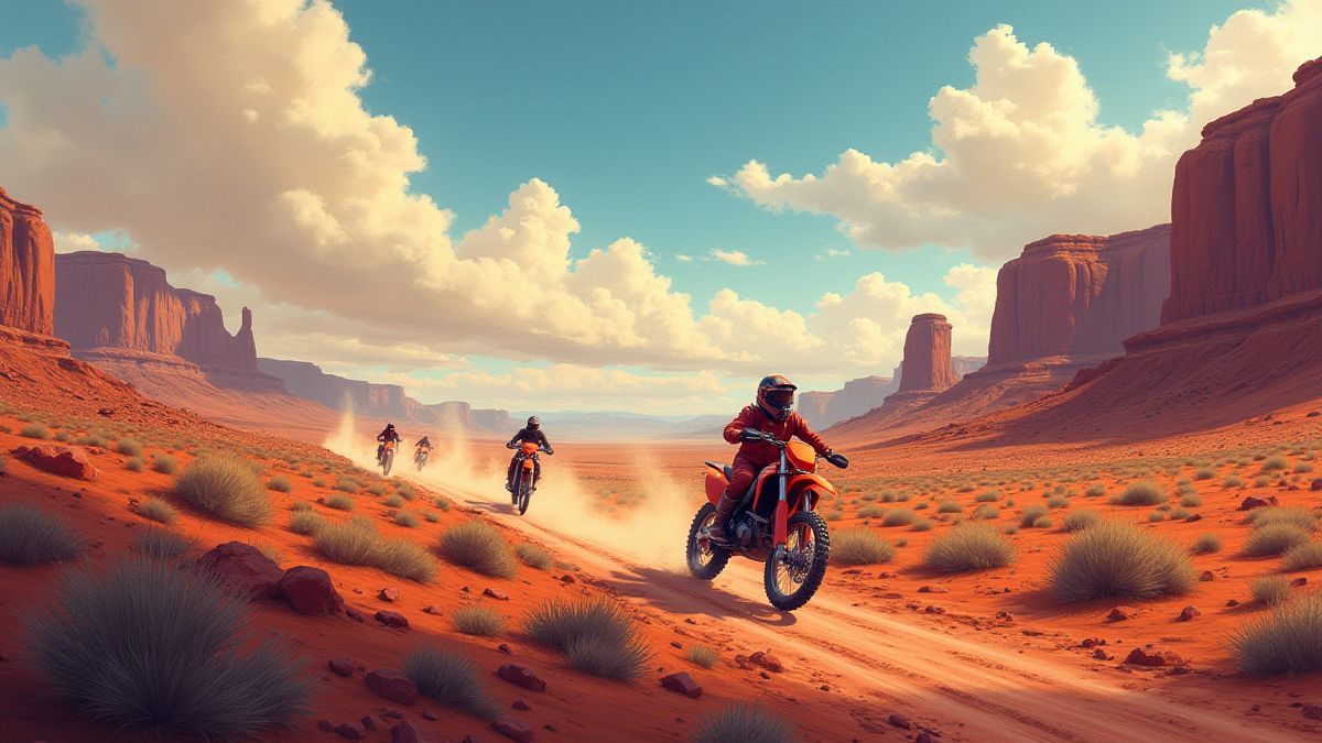 Trilha desértica com motocicletas em ação.