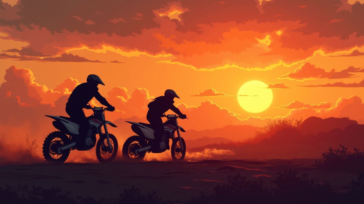 Motocicletas sob um pôr do sol dramático.