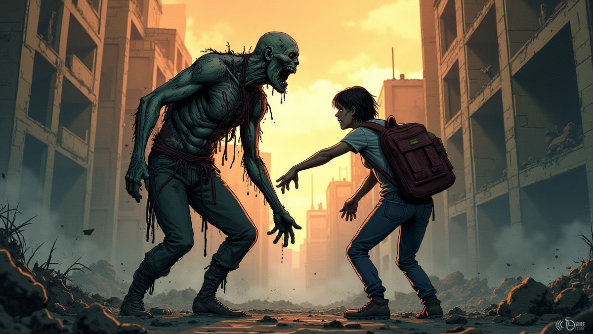 Zombie valt een overlevende aan in een verwoeste stad.