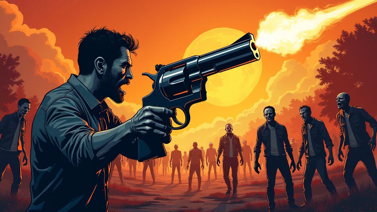 Een revolver die op zombies schiet in een apocalyptische scene in stripstijl.