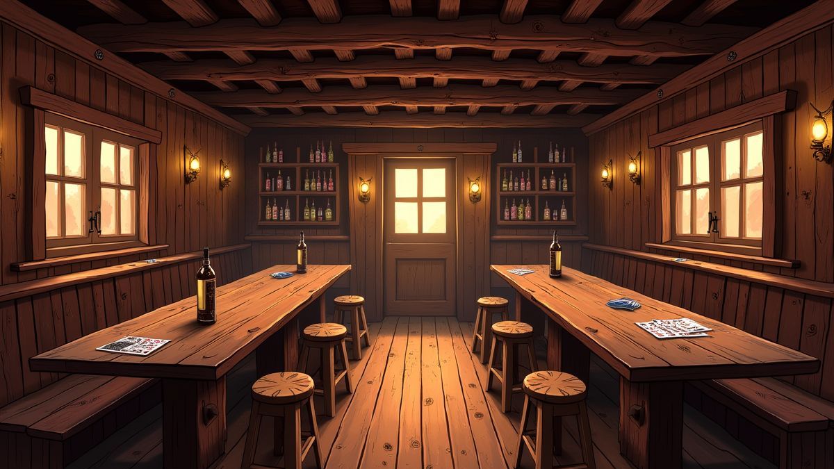 Interior of a Wild West saloon with wooden tables and whiskey bottles.