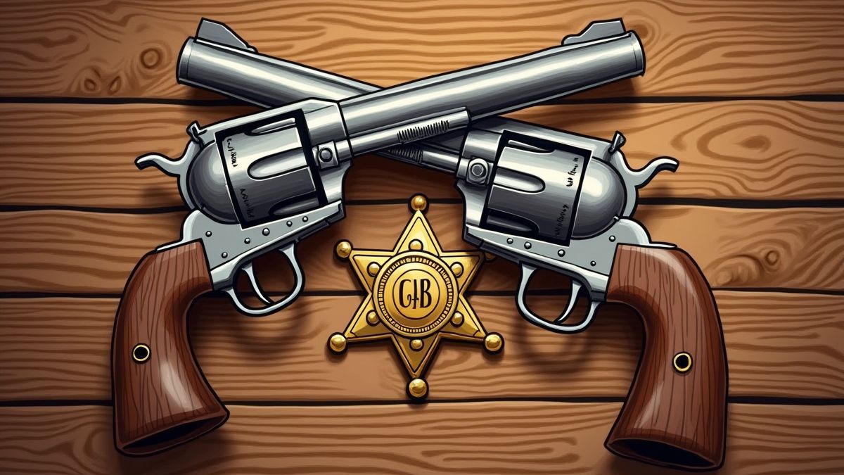 Sheriff badge and revolvers on a wooden table.