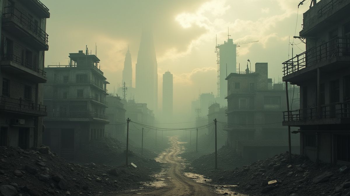 Een verlaten stad in een post-apocalyptische wereld.