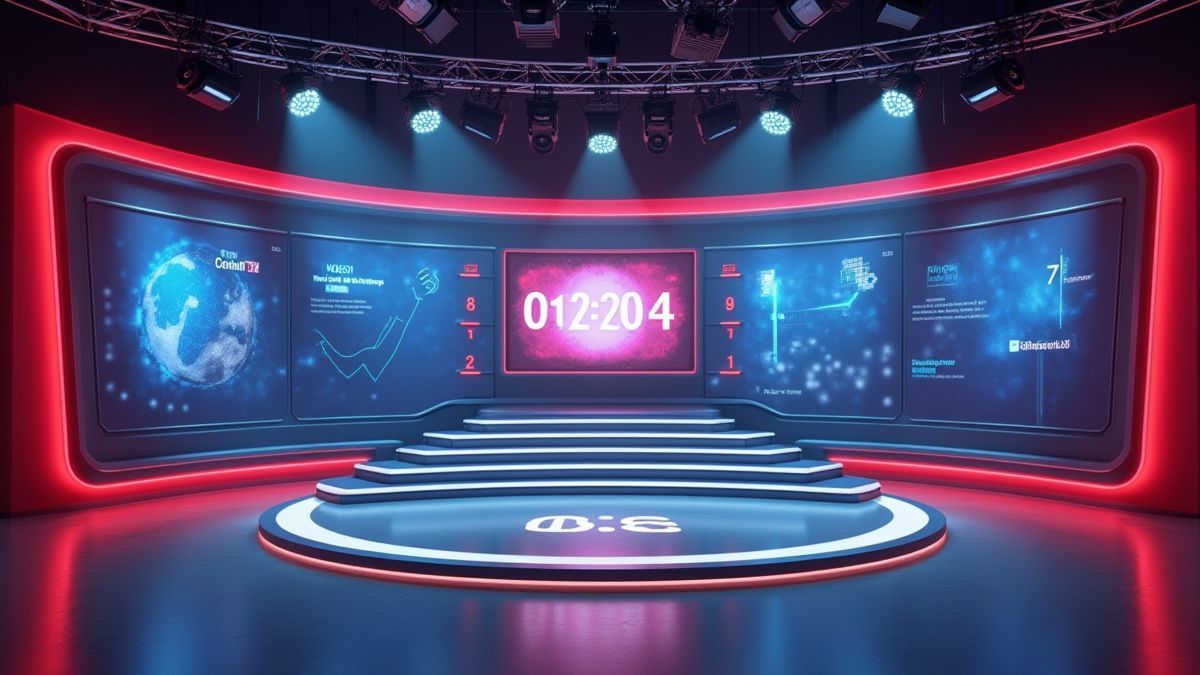 Studio de télévision avec lumières vives et un chronomètre.
